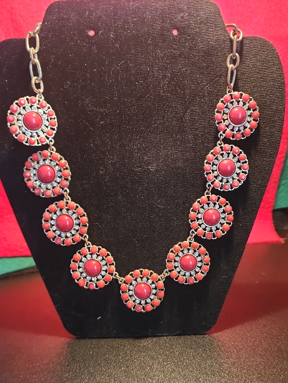 Women’s Coral Red Statement Necklace - Elegant Floral Disc Design